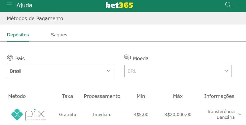 Depósito Mínimo bet365