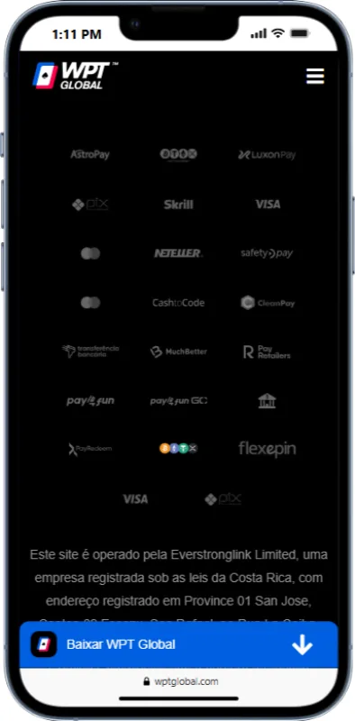 Métodos de Pagamento WPT Métodos de pagamentos aceitos no app da WPT Global